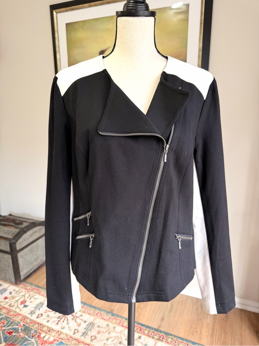 INC International Concepts XL Black White Colorblock Moto Zip Jacket